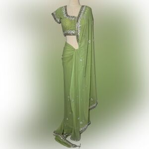 Sage green saree hand embroided Swarovski crystals with beaded Blouse included